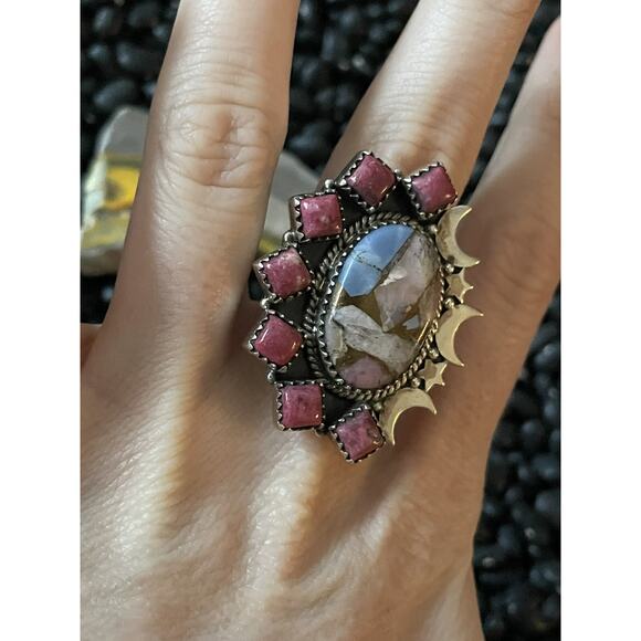 Sterling Silver Pink Rhodonite Multistone Stars & Moons Adjustable Ring~Stamped - Picture 4 of 8